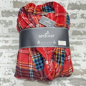 Ardour Luxury Velvet Robe Womens One Size Red Plaid Fleece Tie Belt Long Sleeve